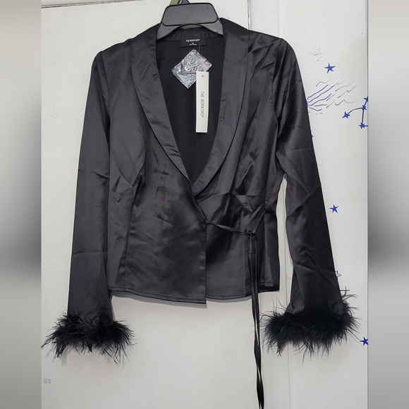 the workshop Jackets & Blazers - NWT Women's Elegant Knot Collar Neck Long Sleeve Wrap Satin Blouse Size Medium